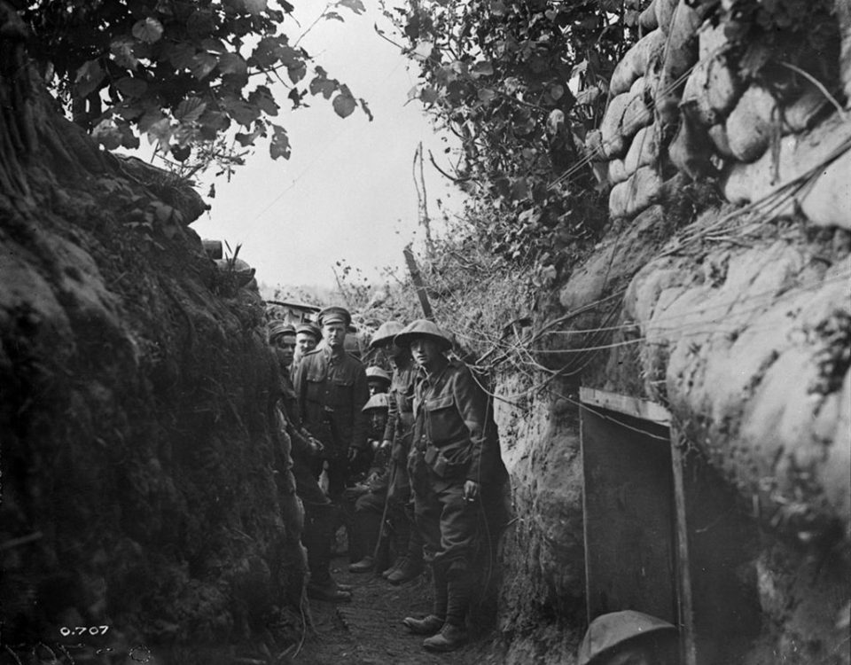 Canadians in a communication trench (LAC M#3395567).