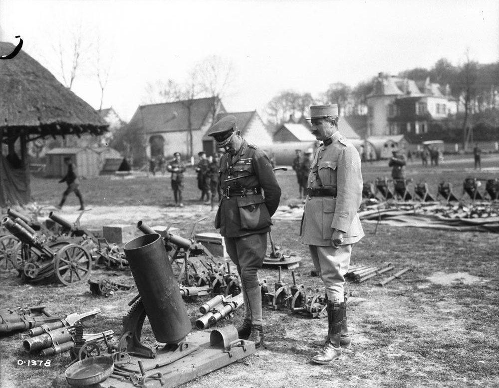 Byng inspecting some German trench mortars taken during the battle at Vimy Ridge (LAC M#3213518).
